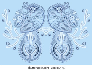 winter blue ethnic folk art of peacock bird with flowering branch design, vector dot painting illustration