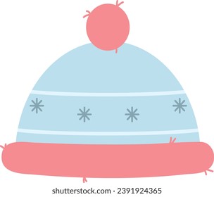 Winter blue hat with snowflake design and pink pompon. Flat vector clothes illustration