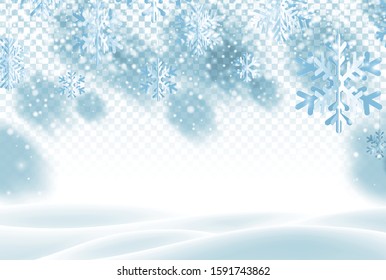 Winterblauer horizontaler Hintergrund mit Kirigami-Schneeflocken aus weißem Papier. Vektorblizzard-Illustration.