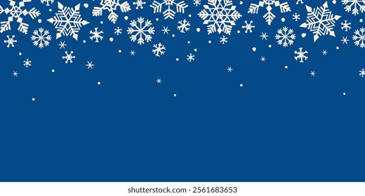 Winter blue horizontal banner with hand drawn falling down snowflakes. Pencil texture effect and rough edges. Template with copy space for background, wallpaper, cover