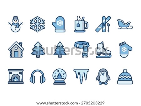 winter blue icons set: snow, snowman, ski, hot drink, snowflake, mitten, scarf, ice skating, cabin, christmas tree