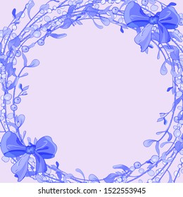 Winter blue monochrome frame with mistletoe, branches, berries and bows on pink background.Christmas decoration for festive season design, advertisement, greeting cards, invitation, posters. Vector.
