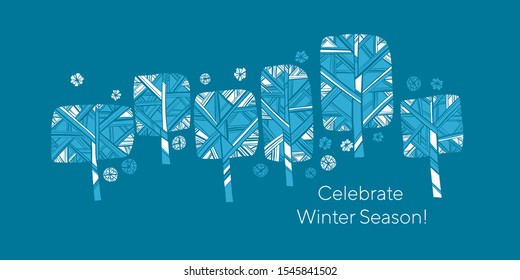 Winter blue naked tree design element for web banners, posters, cards, wallpapers, backdrops, panels. Horizontal panorama abstract winter outdoor concept. 

