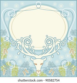 Winter blue retro background in vector. Christmas and new year's card with head of deer with stylized antlers, snowflakes, branches of pine, banner. Text box with frame