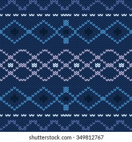 Winter blue Scandinavian traditional knitted seamless pattern. Background for Christmas and New Year cards, invitations and templates