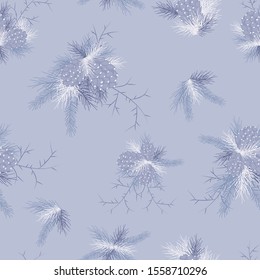Winter blue seamless pattern, fir branches with cones