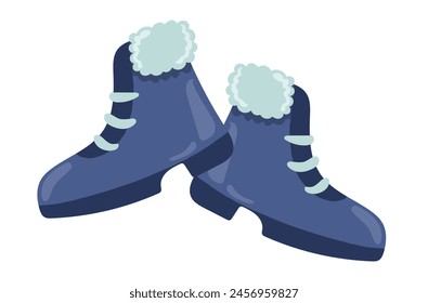 Winter blue shoes in flat design. Seasonal warm footwear with fur. Vector illustration isolated.