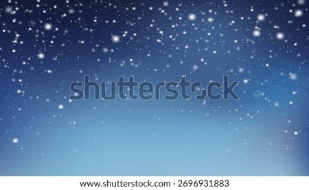 Winter blue sky with falling fluffy snowflakes and glowing light effects. Christmas holiday vector background for greeting cards, festive posters, seasonal banners and snowy wallpaper design
