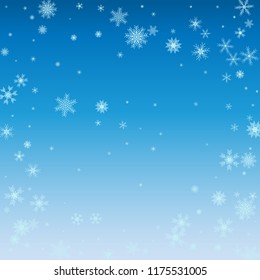 Winter blue sky with falling snow, snowflake. Holiday Winter background for Merry Christmas and Happy New Year. Vector illustration