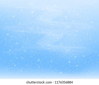 Winter blue sky. Falling snow background. Vector illustration with snowflakes. Winter snowing sky. Eps 10.