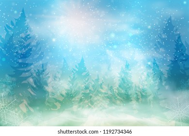 Winter blue sky with falling snow, snowflakes with winter landscape. Holiday Winter background for Merry Christmas and Happy New Year. Vector illustration.
