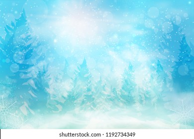 Winter blue sky with falling snow, snowflakes with winter landscape. Holiday Winter background for Merry Christmas and Happy New Year. Vector illustration.
