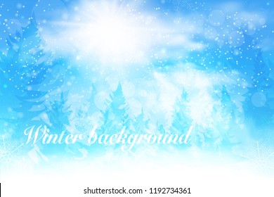 Winter blue sky with falling snow, snowflakes with winter landscape. Holiday Winter background for Merry Christmas and Happy New Year. Vector illustration.
