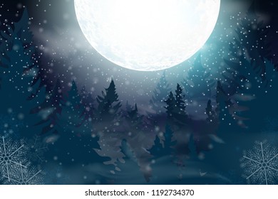 Winter blue sky with falling snow, snowflakes with winter landscape. Holiday Winter background for Merry Christmas and Happy New Year. Vector illustration.
