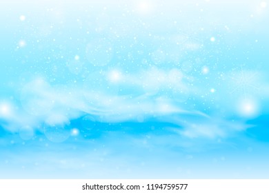 Winter blue sky with falling snow, snowflakes with winter landscape. Holiday Winter background for Merry Christmas and Happy New Year. Vector illustration.
