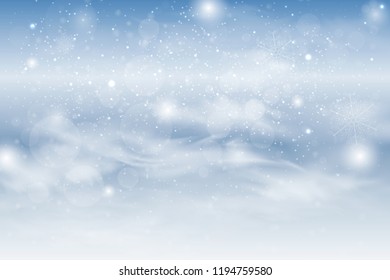 Winter blue sky with falling snow, snowflakes with winter landscape. Holiday Winter background for Merry Christmas and Happy New Year. Vector illustration.
