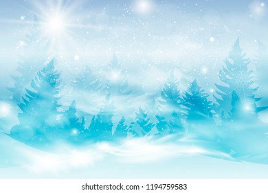 Winter blue sky with falling snow, snowflakes with winter landscape. Holiday Winter background for Merry Christmas and Happy New Year. Vector illustration.
