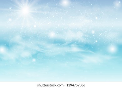 Winter blue sky with falling snow, snowflakes with winter landscape. Holiday Winter background for Merry Christmas and Happy New Year. Vector illustration.
