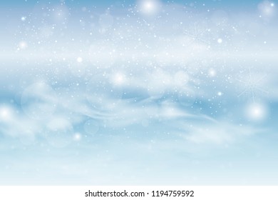 Winter blue sky with falling snow, snowflakes with winter landscape. Holiday Winter background for Merry Christmas and Happy New Year. Vector illustration.

