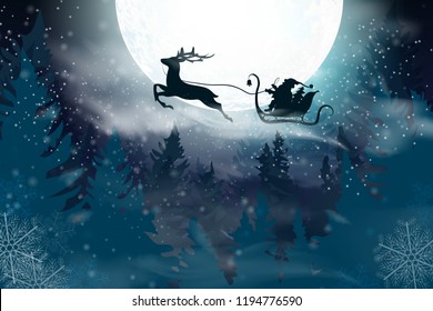 Winter blue sky with falling snow, snowflakes with a winter landscape with a full moon. Santa Claus flying on a sleigh with a deer. Vector illustration background in cartoon style.
