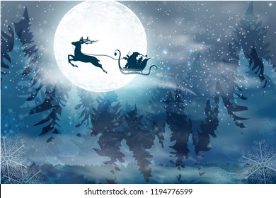 Cielo azul invernal con nieve en caída, copos de nieve con un paisaje invernal con luna llena. Santa Claus vuela en trineo con un ciervo. Fondo de ilustración vectorial en estilo caricatura.
