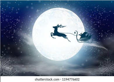 Winter blue sky with falling snow, snowflakes with a winter landscape with a full moon. Santa Claus flying on a sleigh with a deer. Vector illustration background in cartoon style.
