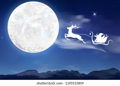 Winter blue sky with falling snow, snowflakes with a winter landscape with a full moon. Santa Claus flying on a sleigh with a deer. Festive winter background for Christmas and New Year.
