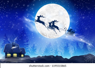 Winter blue sky with falling snow, snowflakes with a winter landscape with a full moon. Santa Claus flying on a sleigh with a deer. Festive winter background for Christmas and New Year.
