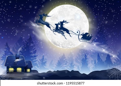 Winter blue sky with falling snow, snowflakes with a winter landscape with a full moon. Santa Claus flying on a sleigh with a deer. Festive winter background for Christmas and New Year.
