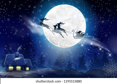 Winter blue sky with falling snow, snowflakes with a winter landscape with a full moon. Santa Claus flying on a sleigh with a deer. Festive winter background for Christmas and New Year.
