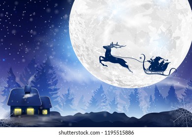 Winter blue sky with falling snow, snowflakes with a winter landscape with a full moon. Santa Claus flying on a sleigh with a deer. Festive winter background for Christmas and New Year.
