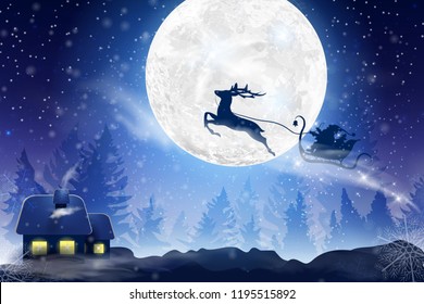 Winter blue sky with falling snow, snowflakes with a winter landscape with a full moon. Santa Claus flying on a sleigh with a deer. Festive winter background for Christmas and New Year.
