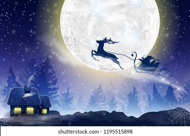Winter blue sky with falling snow, snowflakes with a winter landscape with a full moon. Santa Claus flying on a sleigh with a deer. Festive winter background for Christmas and New Year.
