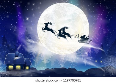 Winter blue sky with falling snow, snowflakes with a winter landscape with a full moon. Santa Claus flying on a sleigh with a deer. Festive winter background for Christmas and New Year.
