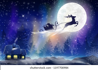 Winter blue sky with falling snow, snowflakes with a winter landscape with a full moon. Santa Claus flying on a sleigh with a deer. Festive winter background for Christmas and New Year.

