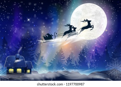 Winter blue sky with falling snow, snowflakes with a winter landscape with a full moon. Santa Claus flying on a sleigh with a deer. Festive winter background for Christmas and New Year.
