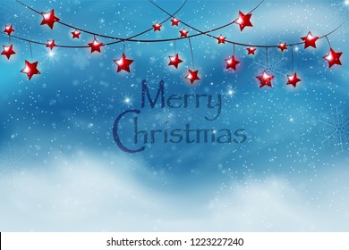 Winter blue sky with falling snow, snowflakes with winter landscape. Holiday Winter background for Merry Christmas and Happy New Year. Vector illustration