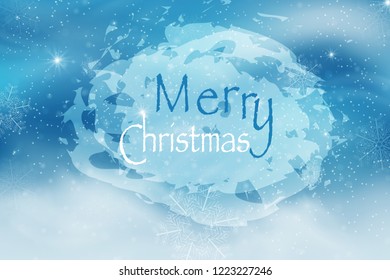 Winter blue sky with falling snow, snowflakes with winter landscape. Holiday Winter background for Merry Christmas and Happy New Year. Vector illustration