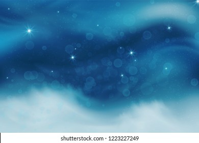 Winter blue sky with falling snow, snowflakes with winter landscape. Holiday Winter background for Merry Christmas and Happy New Year. Vector illustration