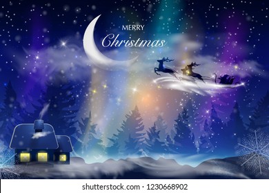 Winter blue sky with falling snow, snowflakes with a winter landscape with moon. Santa Claus is flying in a sleigh with a deer. Vector illustration background in cartoon style.