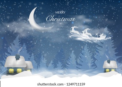 Winter blue sky with falling snow, snowflakes with a winter landscape with moon. Santa Claus is flying in a sleigh with a deer. Vector illustration background in cartoon style.