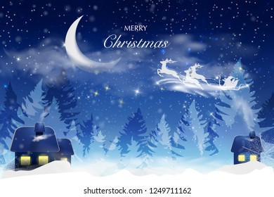 Cielo azul invernal con nieve en caída, copos de nieve con un paisaje invernal con luna. Papá Noel vuela en trineo con un ciervo. Fondo de ilustración vectorial en estilo caricatura.
