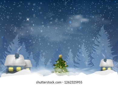 Winter blue sky with falling snow, snowflakes with a winter landscape with moon. Santa Claus is flying in a sleigh with a deer. Vector illustration background in cartoon style.