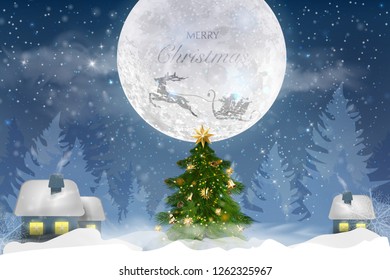 Winter blue sky with falling snow, snowflakes with a winter landscape with moon. Santa Claus is flying in a sleigh with a deer. Vector illustration background in cartoon style.