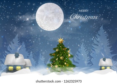 Winter blue sky with falling snow, snowflakes with a winter landscape with moon. Santa Claus is flying in a sleigh with a deer. Vector illustration background in cartoon style.