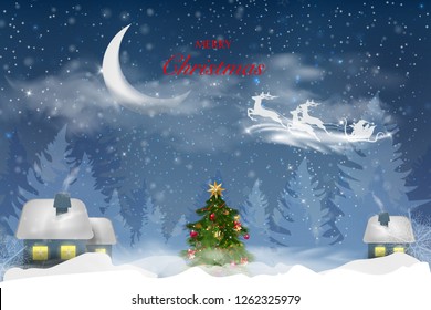 Winter blue sky with falling snow, snowflakes with a winter landscape with moon. Santa Claus is flying in a sleigh with a deer. Vector illustration background in cartoon style.