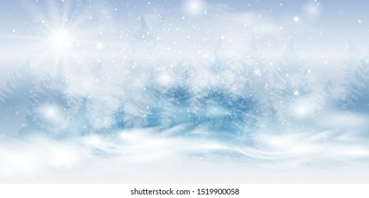 Winter blue sky with falling snow, snowflakes with a winter landscape. 
Natural Winter Christmas background with sky, heavy snowfall, snowflakes in different shapes and forms, snowdrifts. 