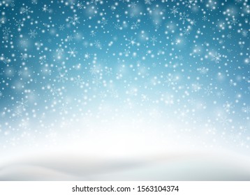 Winter blue sky with falling snow, snowflake. Holiday winter background for merry Christmas and Happy New Year. Blue Christmas snowflakes background. Vector illustration