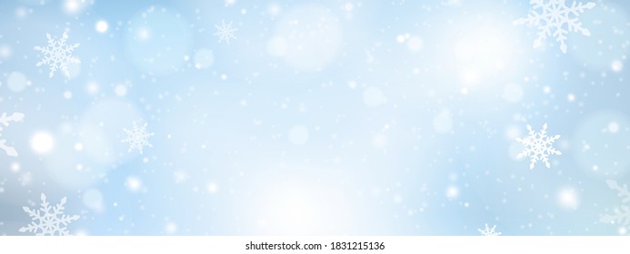 Winter blue sky with falling snow. Merry Christmas and Happy New Year festive background with snowflakes. Xmas design for advertising, social and fashion ads. Place for text. Vector illustration.