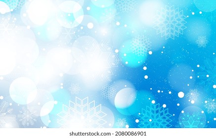 Winter blue sky with falling snow, snowflake. Holiday Winter background for Merry Christmas and Happy New Year. Christmas snow. Winter bokeh background with snowflakes. Vector illustration EPS10.
